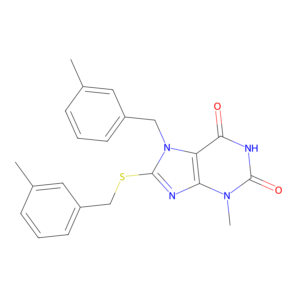 3-methyl-7-[(3-methylphenyl)methyl]-8-{[(3-methylphenyl)methyl]sulfanyl}-2,3,6,7-tetrahydro-1H-purine-2,6-dione molecular structure, CAS 1798489-45-8