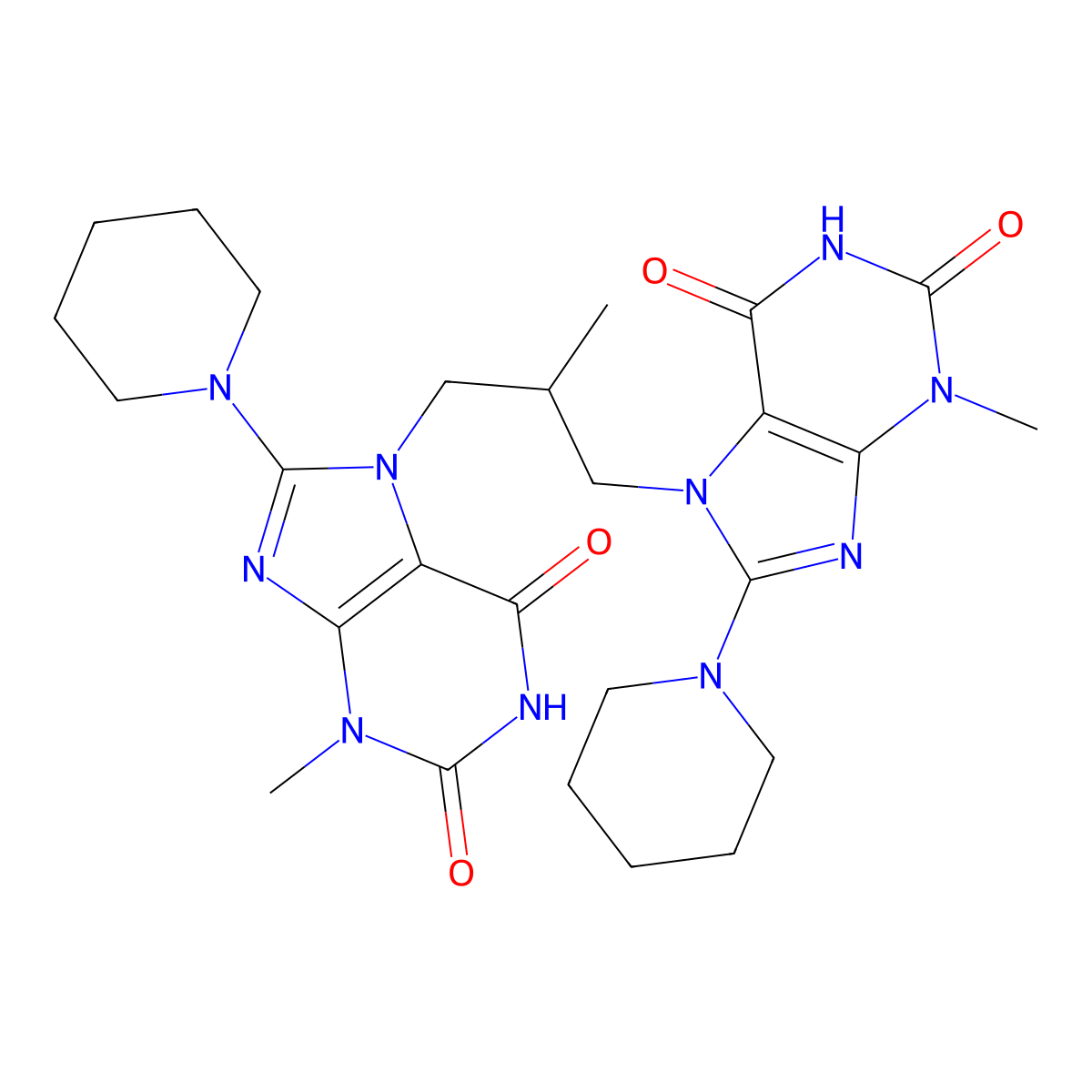 3-methyl-7-{2-methyl-3-[3-methyl-2,6-dioxo-8-(piperidin-1-yl)-2,3,6,7-tetrahydro-1H-purin-7-yl]propyl}-8-(piperidin-1-yl)-2,3,6,7-tetrahydro-1H-purine-2,6-dione molecular structure, CAS 1798489-57-2