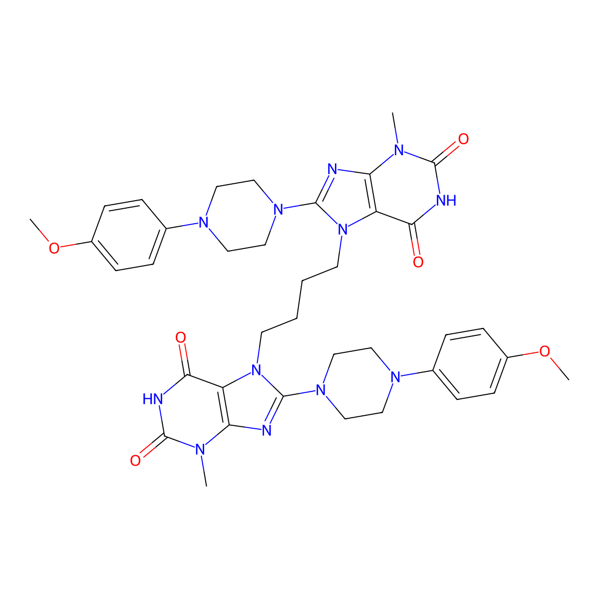 8-[4-(4-methoxyphenyl)piperazin-1-yl]-7-(4-{8-[4-(4-methoxyphenyl)piperazin-1-yl]-3-methyl-2,6-dioxo-2,3,6,7-tetrahydro-1H-purin-7-yl}butyl)-3-methyl-2,3,6,7-tetrahydro-1H-purine-2,6-dione molecular structure, CAS 1798489-66-3