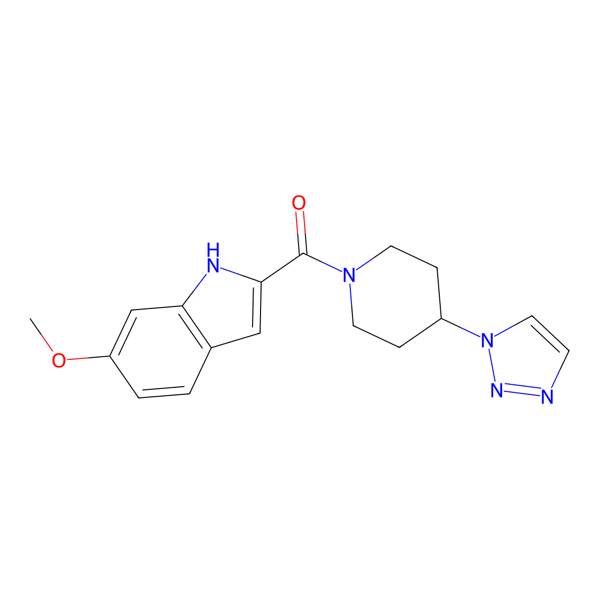 (4-(1H-1,2,3-triazol-1-yl)piperidin-1-yl)(6-methoxy-1H-indol-2-yl)methanone molecular structure, CAS 1798489-92-5