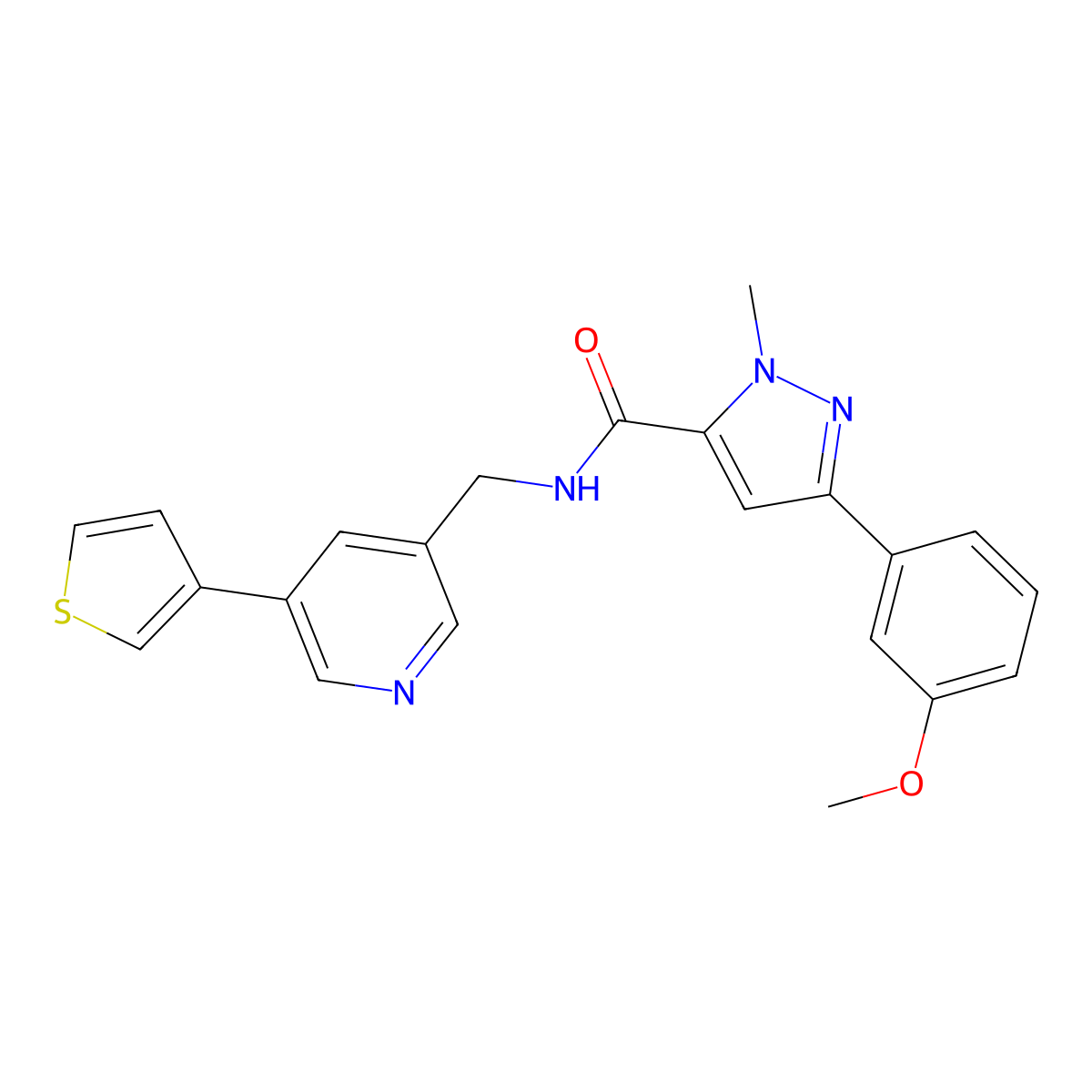 3-(3-methoxyphenyl)-1-methyl-N-((5-(thiophen-3-yl)pyridin-3-yl)methyl)-1H-pyrazole-5-carboxamide molecular structure, CAS 1798490-32-0