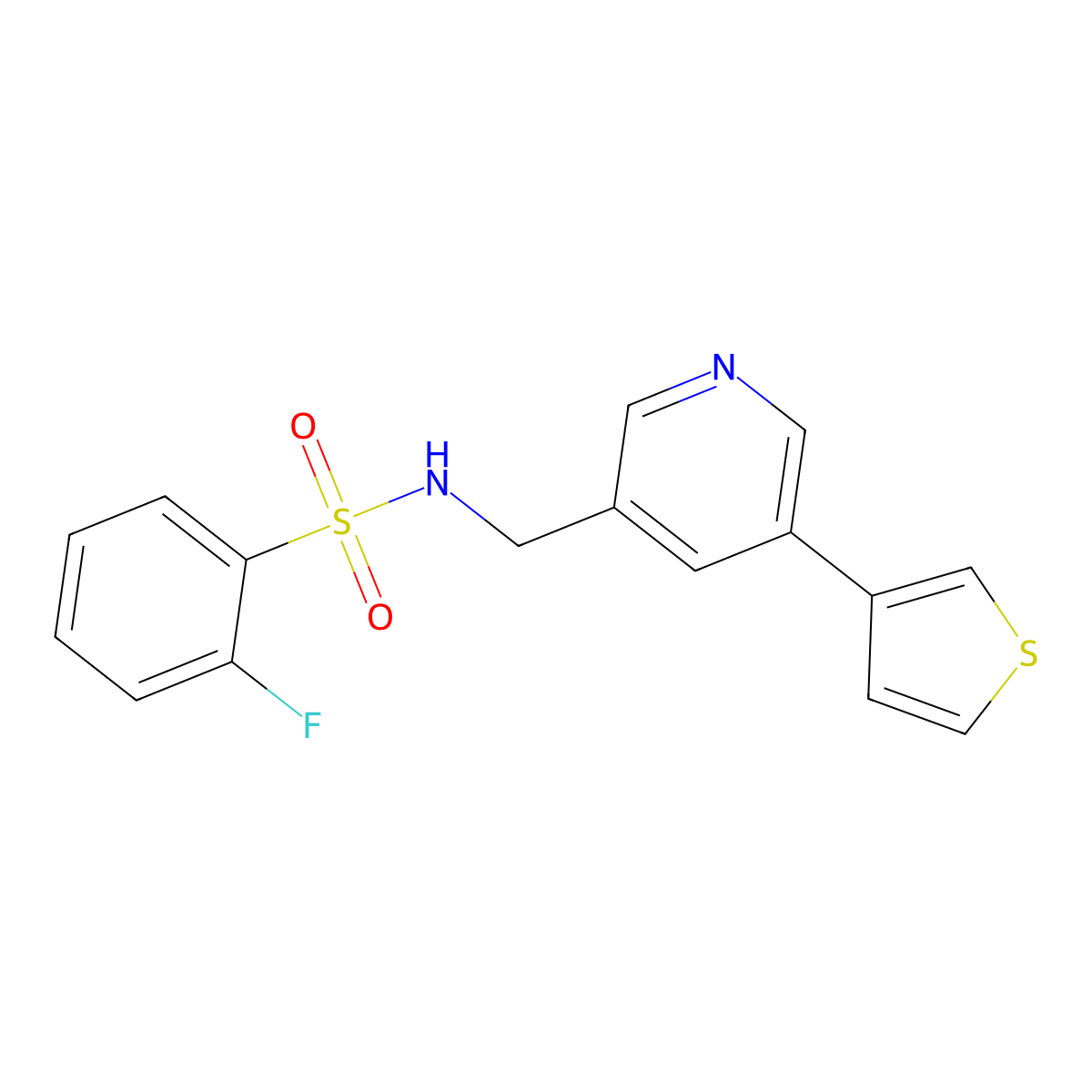 2-fluoro-N-((5-(thiophen-3-yl)pyridin-3-yl)methyl)benzenesulfonamide molecular structure, CAS 1798490-44-4