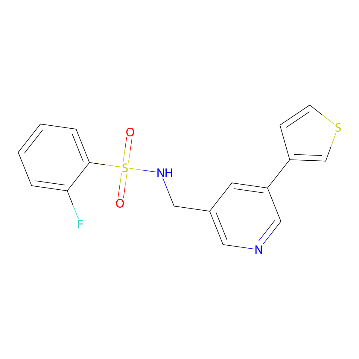 2-fluoro-N-((5-(thiophen-3-yl)pyridin-3-yl)methyl)benzenesulfonamide molecular structure, CAS 1798490-44-4