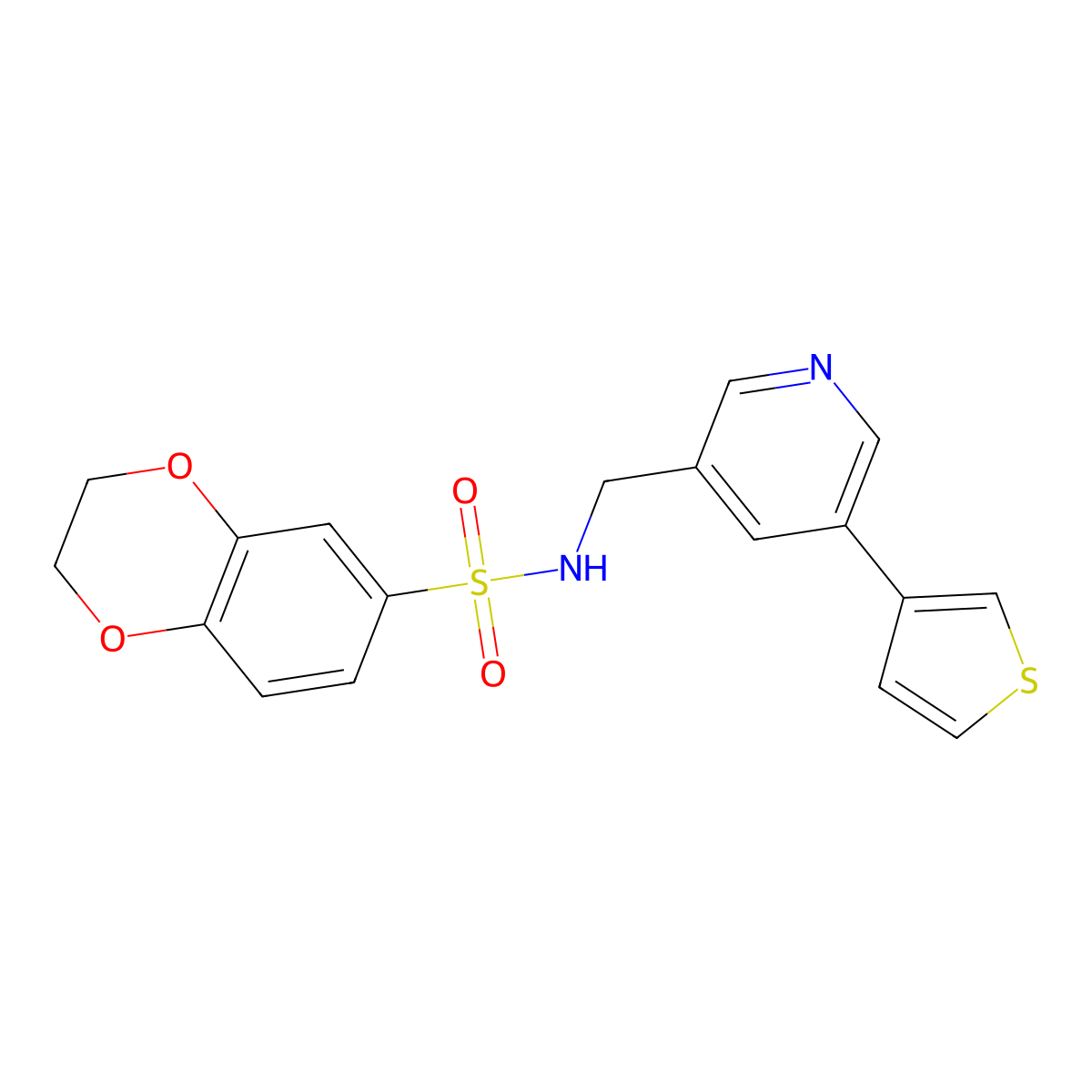 N-((5-(thiophen-3-yl)pyridin-3-yl)methyl)-2,3-dihydrobenzo[b][1,4]dioxine-6-sulfonamide molecular structure, CAS 1798490-51-3