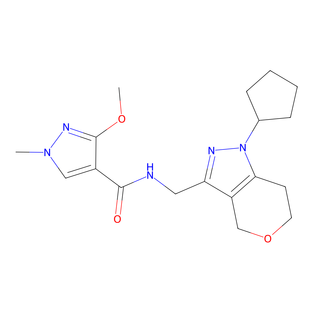 N-((1-cyclopentyl-1,4,6,7-tetrahydropyrano[4,3-c]pyrazol-3-yl)methyl)-3-methoxy-1-methyl-1H-pyrazole-4-carboxamide molecular structure, CAS 1798490-56-8