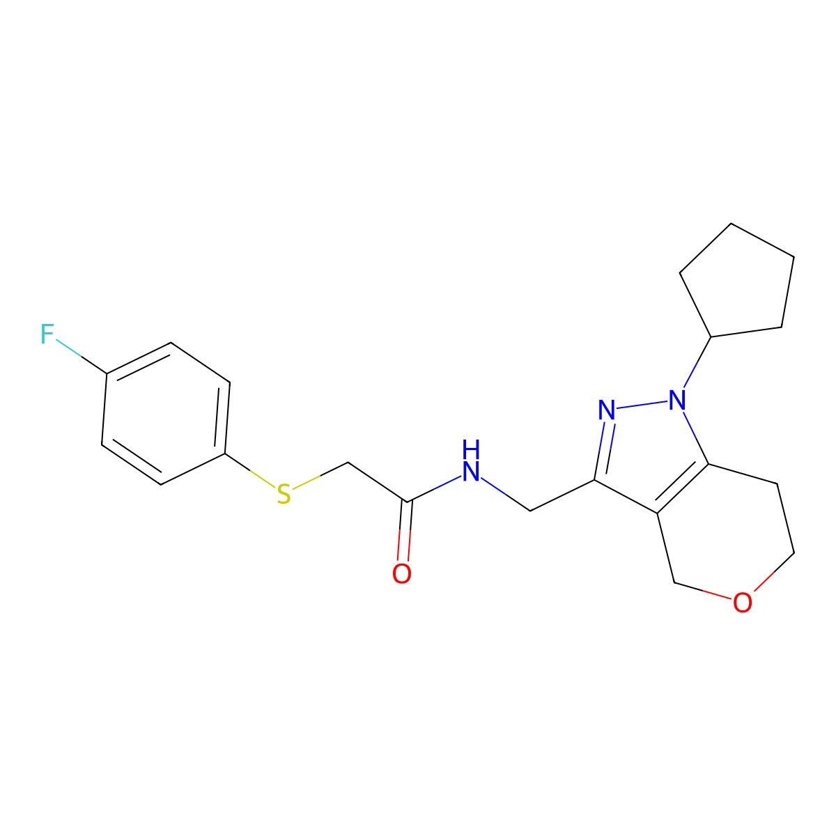 N-((1-cyclopentyl-1,4,6,7-tetrahydropyrano[4,3-c]pyrazol-3-yl)methyl)-2-((4-fluorophenyl)thio)acetamide molecular structure, CAS 1798490-76-2