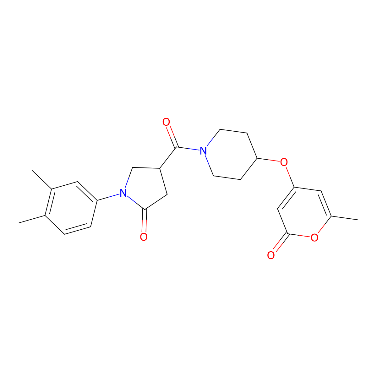 1-(3,4-dimethylphenyl)-4-(4-((6-methyl-2-oxo-2H-pyran-4-yl)oxy)piperidine-1-carbonyl)pyrrolidin-2-one molecular structure, CAS 1798491-76-5