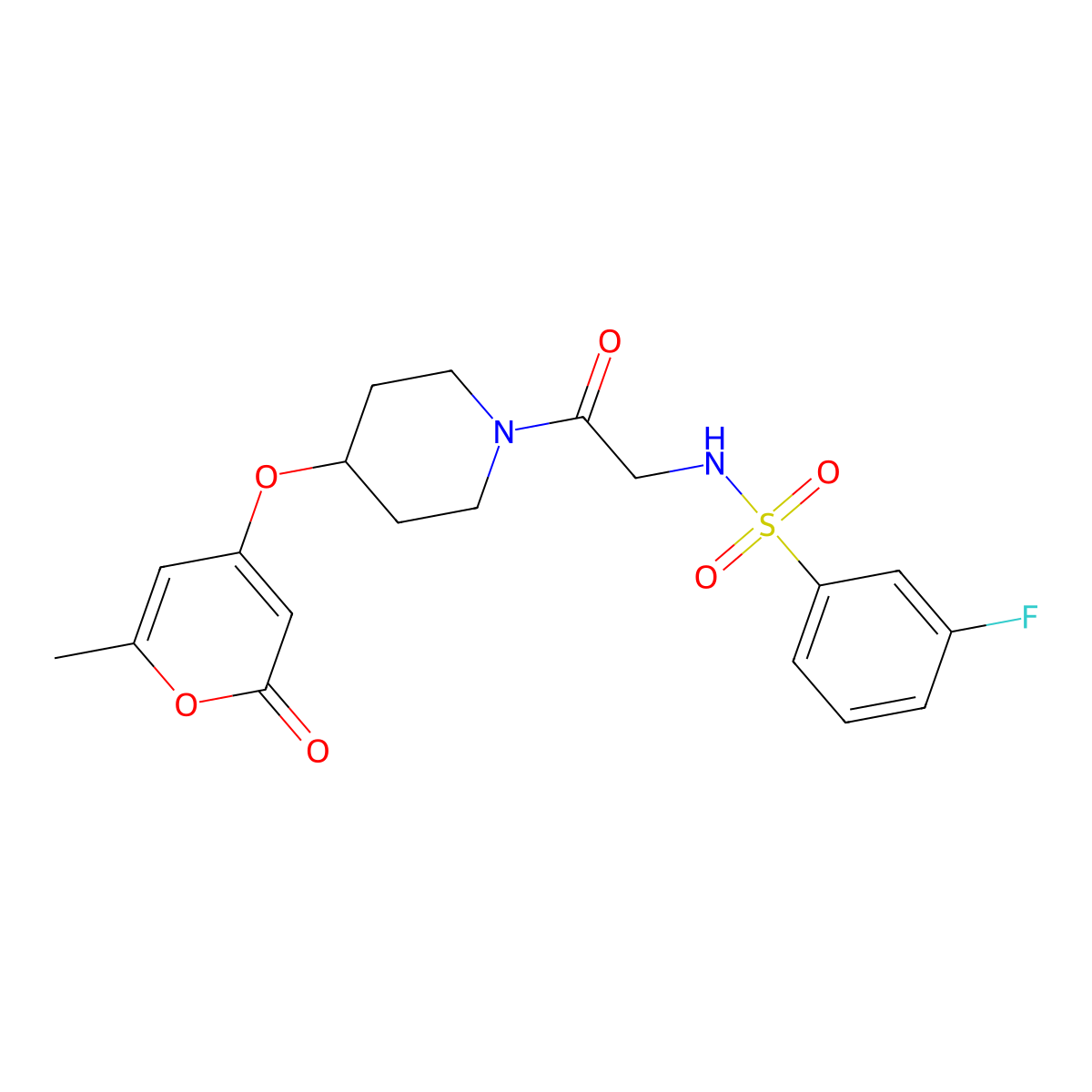 3-fluoro-N-(2-(4-((6-methyl-2-oxo-2H-pyran-4-yl)oxy)piperidin-1-yl)-2-oxoethyl)benzenesulfonamide molecular structure, CAS 1798491-84-5