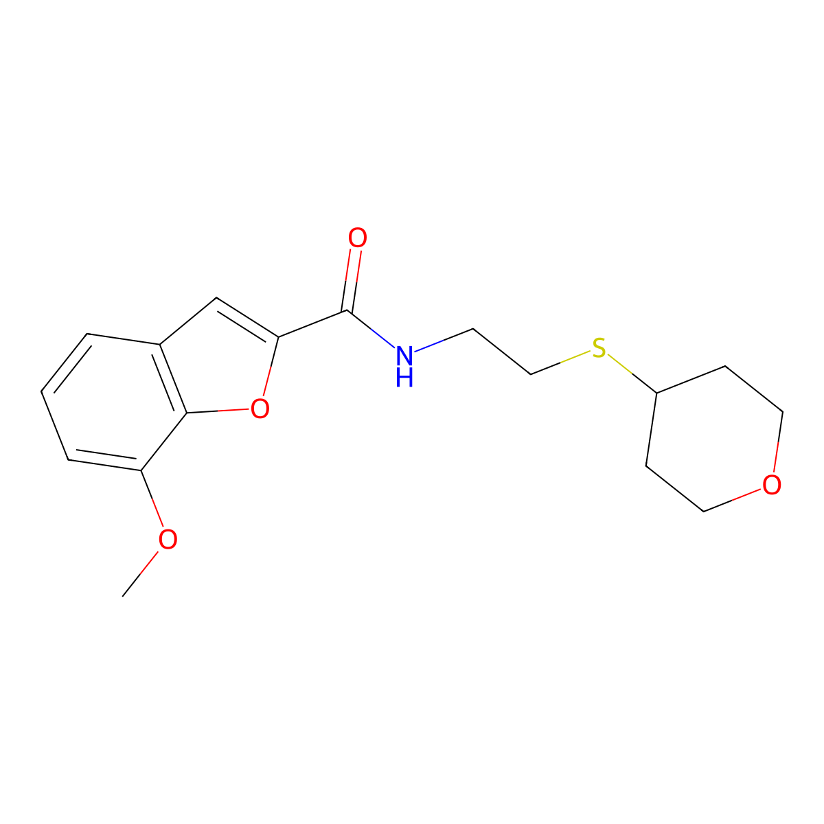 7-methoxy-N-[2-(oxan-4-ylsulfanyl)ethyl]-1-benzofuran-2-carboxamide molecular structure, CAS 1798511-37-1