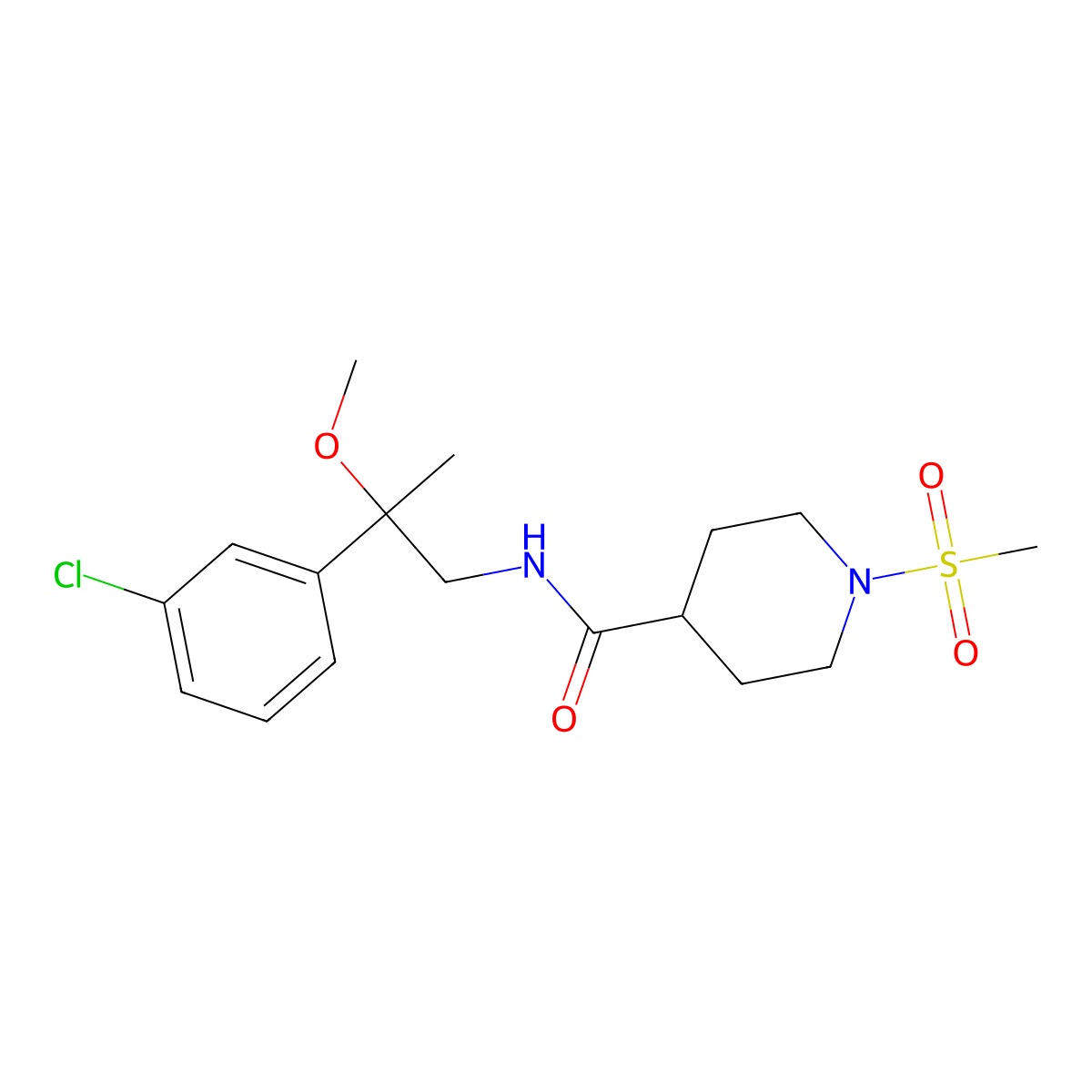 N-(2-(3-chlorophenyl)-2-methoxypropyl)-1-(methylsulfonyl)piperidine-4-carboxamide molecular structure, CAS 1798511-81-5