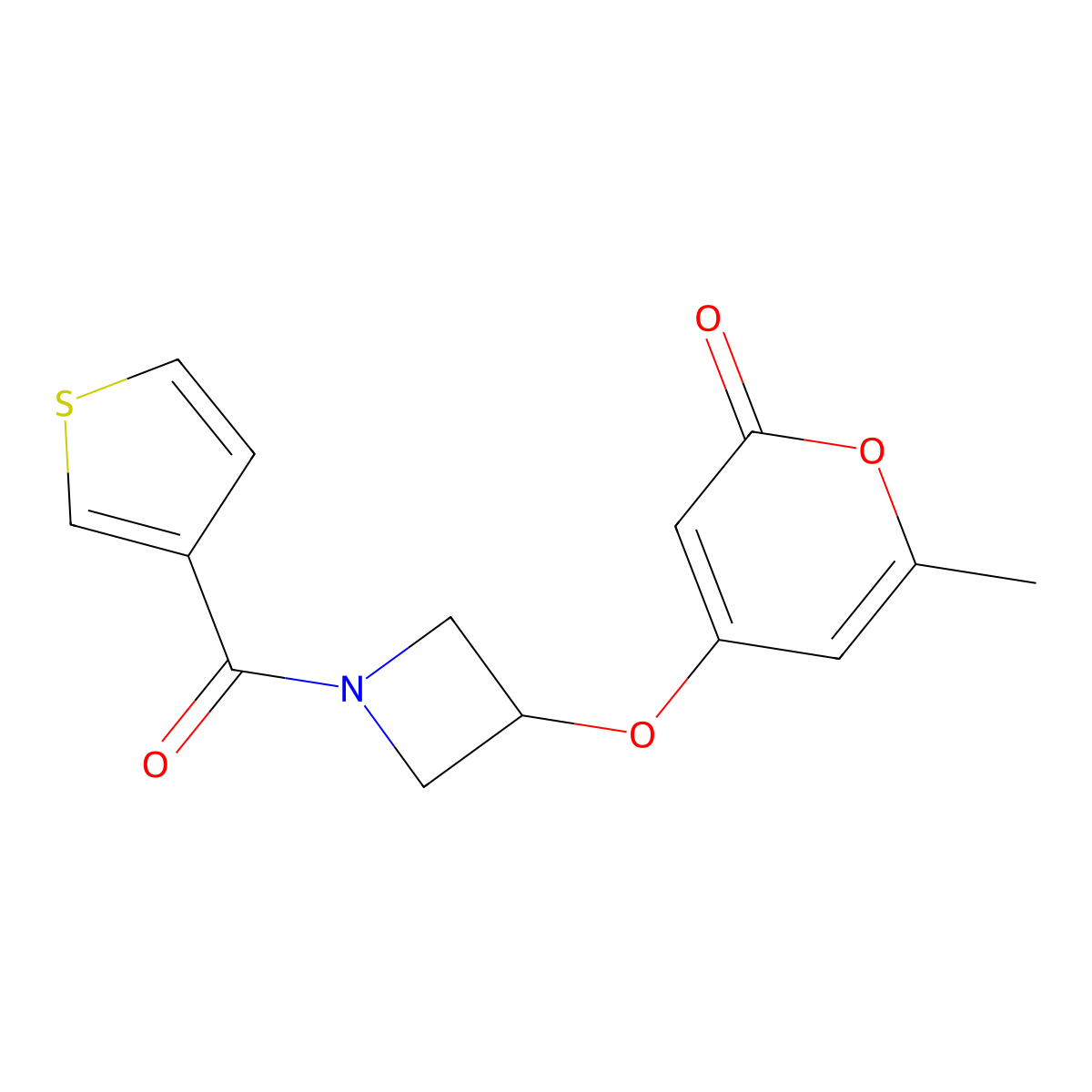 6-methyl-4-((1-(thiophene-3-carbonyl)azetidin-3-yl)oxy)-2H-pyran-2-one molecular structure, CAS 1798512-10-3