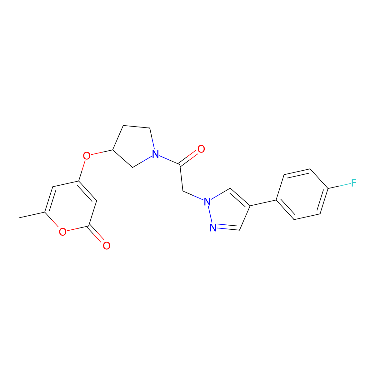 4-((1-(2-(4-(4-fluorophenyl)-1H-pyrazol-1-yl)acetyl)pyrrolidin-3-yl)oxy)-6-methyl-2H-pyran-2-one molecular structure, CAS 1798512-82-9