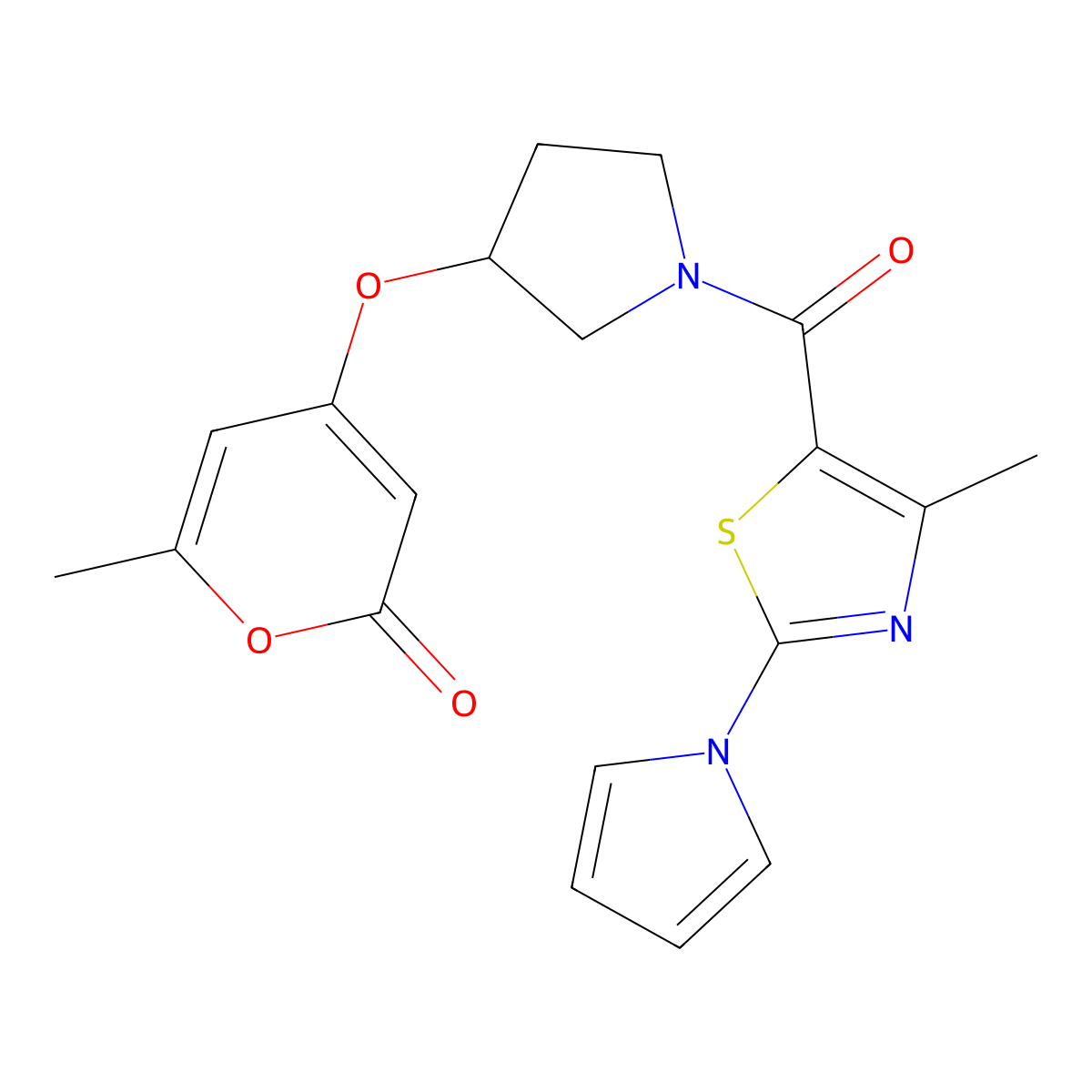 6-methyl-4-((1-(4-methyl-2-(1H-pyrrol-1-yl)thiazole-5-carbonyl)pyrrolidin-3-yl)oxy)-2H-pyran-2-one molecular structure, CAS 1798512-89-6