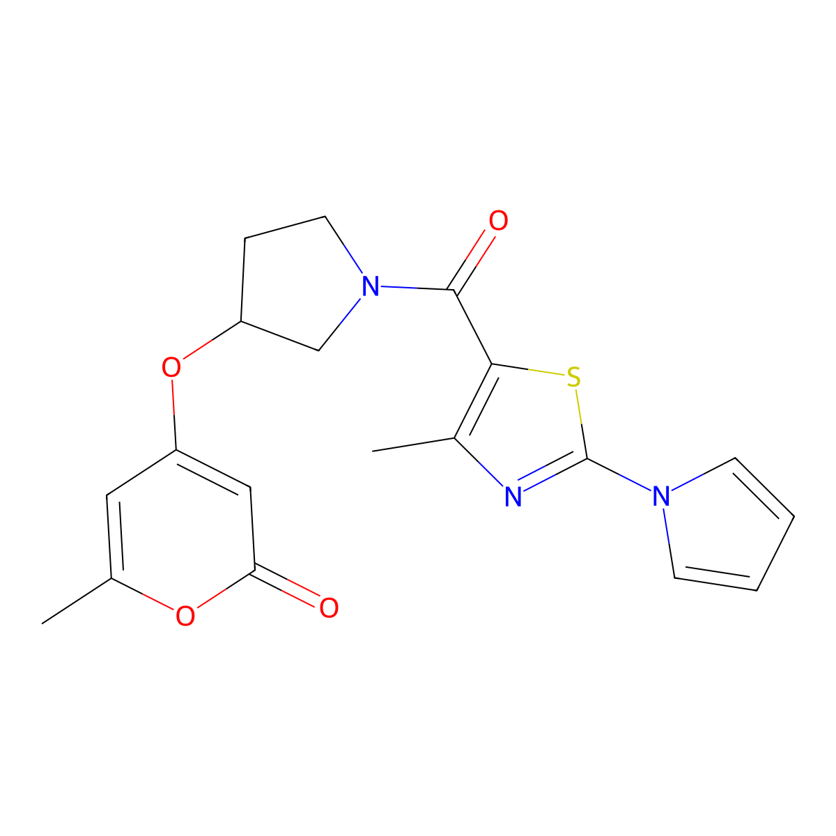 6-methyl-4-((1-(4-methyl-2-(1H-pyrrol-1-yl)thiazole-5-carbonyl)pyrrolidin-3-yl)oxy)-2H-pyran-2-one molecular structure, CAS 1798512-89-6