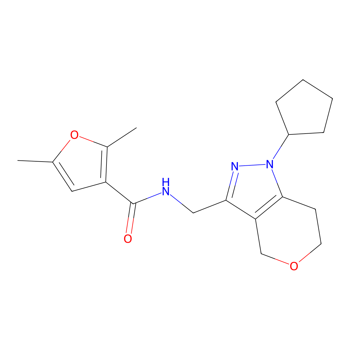N-((1-cyclopentyl-1,4,6,7-tetrahydropyrano[4,3-c]pyrazol-3-yl)methyl)-2,5-dimethylfuran-3-carboxamide molecular structure, CAS 1798513-36-6