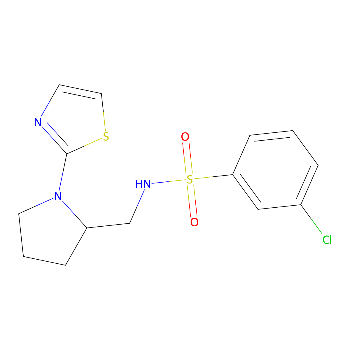3-chloro-N-((1-(thiazol-2-yl)pyrrolidin-2-yl)methyl)benzenesulfonamide molecular structure, CAS 1798513-53-7