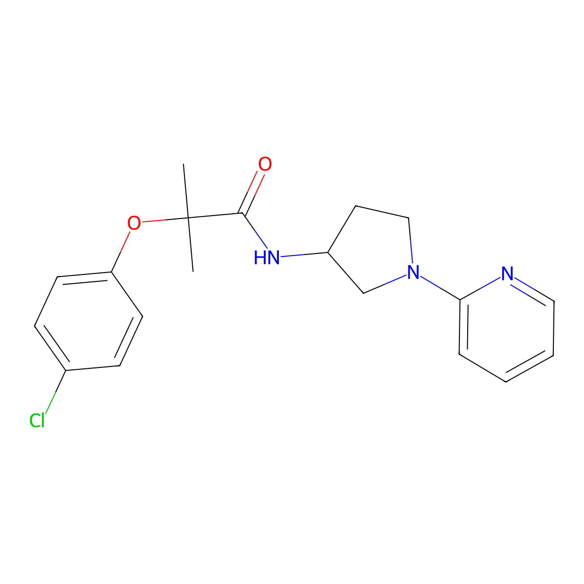 2-(4-chlorophenoxy)-2-methyl-N-(1-(pyridin-2-yl)pyrrolidin-3-yl)propanamide molecular structure, CAS 1798513-70-8