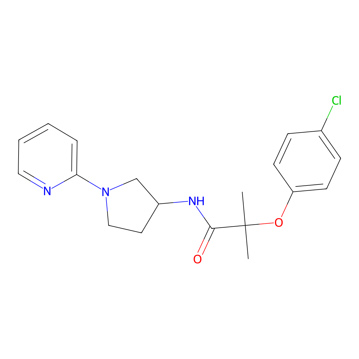 2-(4-chlorophenoxy)-2-methyl-N-(1-(pyridin-2-yl)pyrrolidin-3-yl)propanamide molecular structure, CAS 1798513-70-8