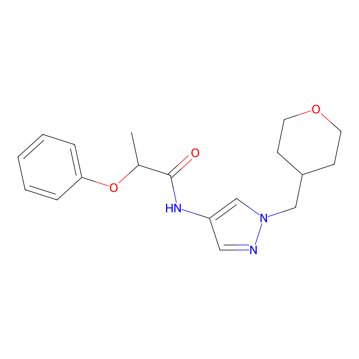 2-phenoxy-N-(1-((tetrahydro-2H-pyran-4-yl)methyl)-1H-pyrazol-4-yl)propanamide molecular structure, CAS 1798514-19-8