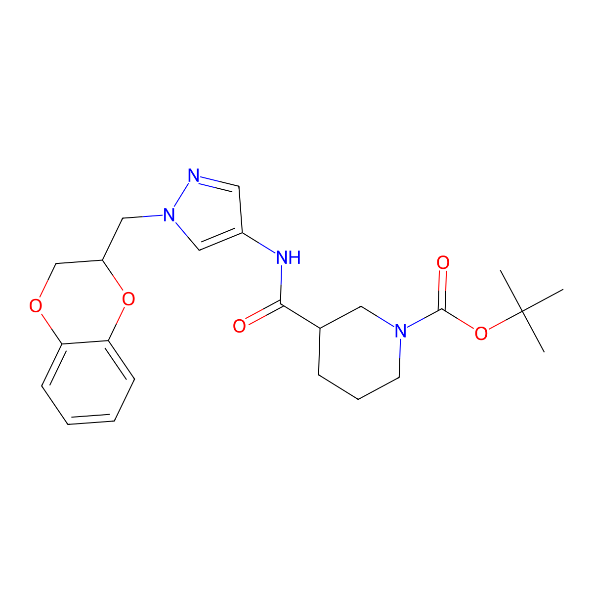 tert-butyl 3-((1-((2,3-dihydrobenzo[b][1,4]dioxin-2-yl)methyl)-1H-pyrazol-4-yl)carbamoyl)piperidine-1-carboxylate molecular structure, CAS 1798514-34-7