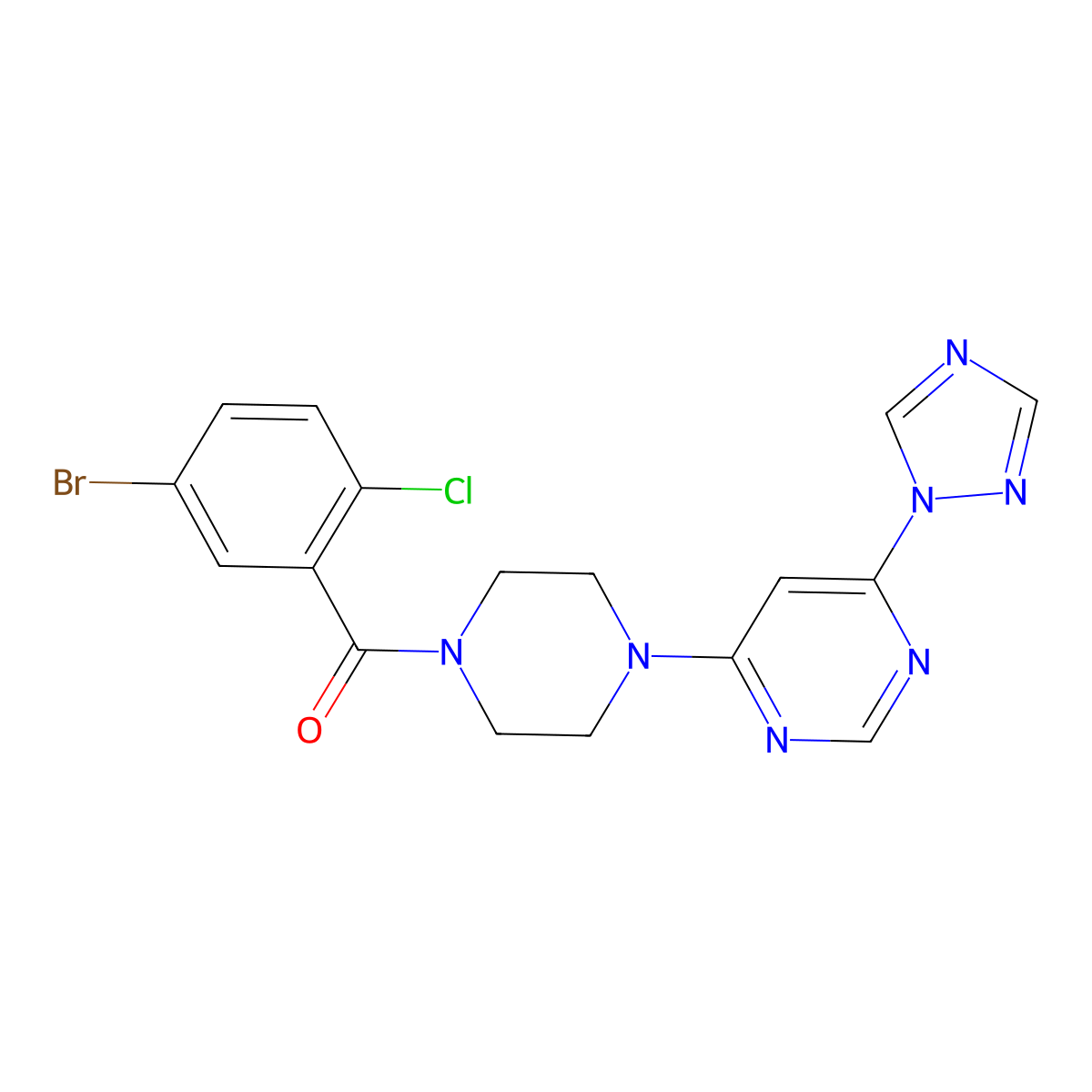 (4-(6-(1H-1,2,4-triazol-1-yl)pyrimidin-4-yl)piperazin-1-yl)(5-bromo-2-chlorophenyl)methanone molecular structure, CAS 1798515-42-0