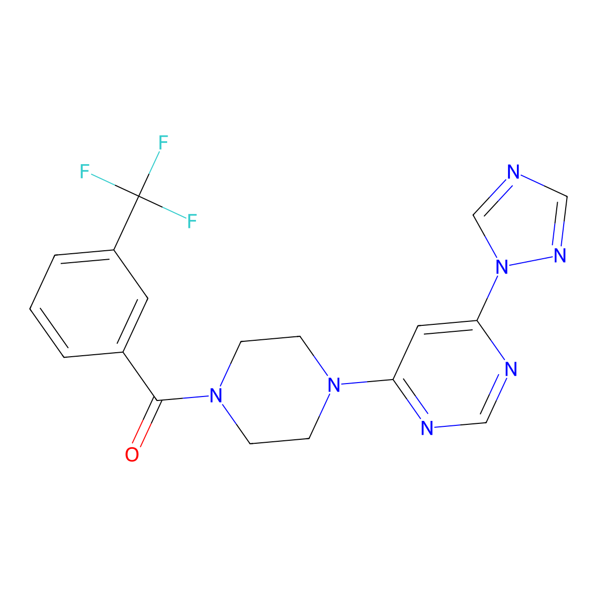 (4-(6-(1H-1,2,4-triazol-1-yl)pyrimidin-4-yl)piperazin-1-yl)(3-(trifluoromethyl)phenyl)methanone molecular structure, CAS 1798516-20-7