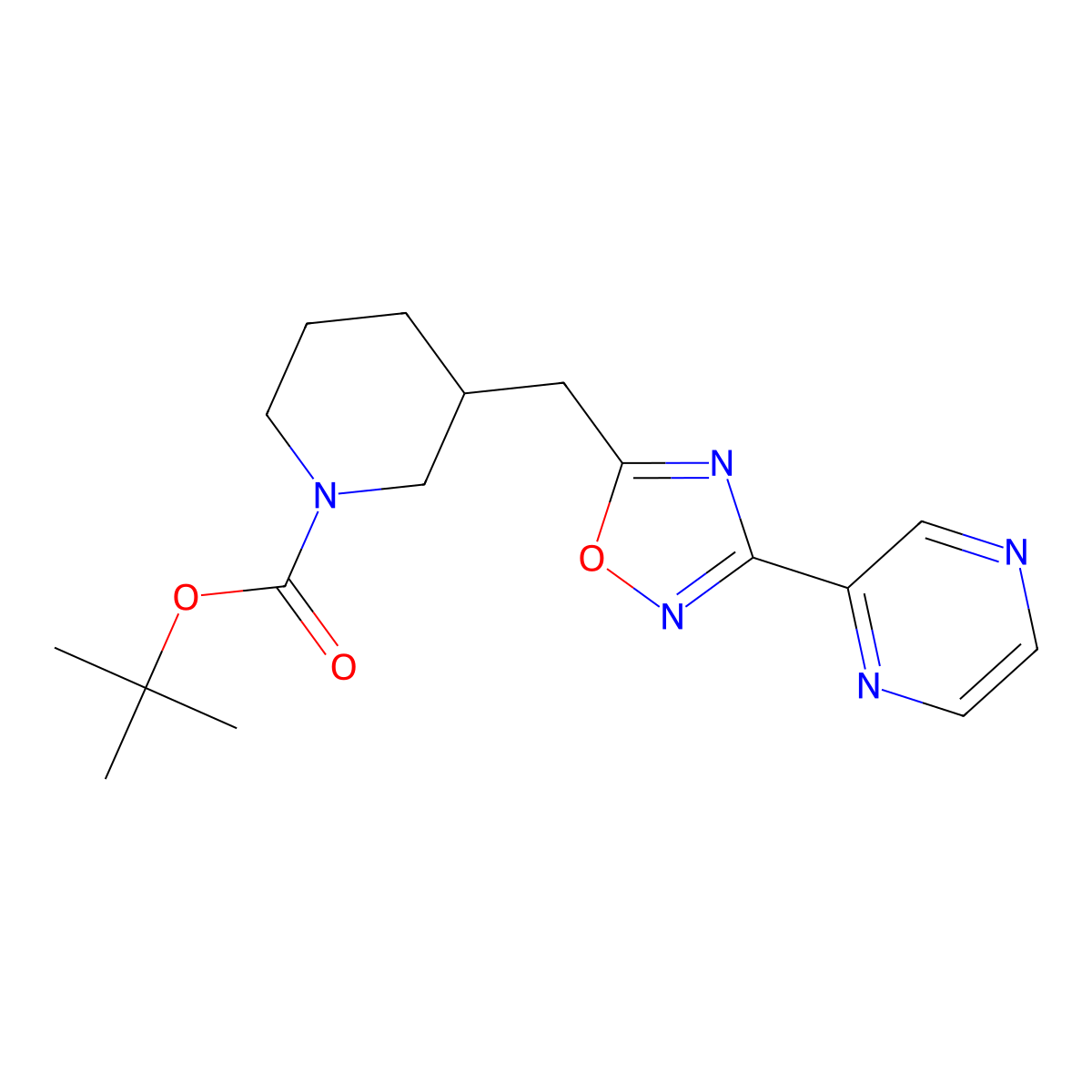 Tert-butyl 3-((3-(pyrazin-2-yl)-1,2,4-oxadiazol-5-yl)methyl)piperidine-1-carboxylate molecular structure, CAS 1798516-32-1