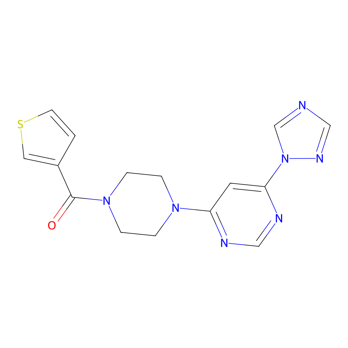 (4-(6-(1H-1,2,4-triazol-1-yl)pyrimidin-4-yl)piperazin-1-yl)(thiophen-3-yl)methanone molecular structure, CAS 1798516-44-5