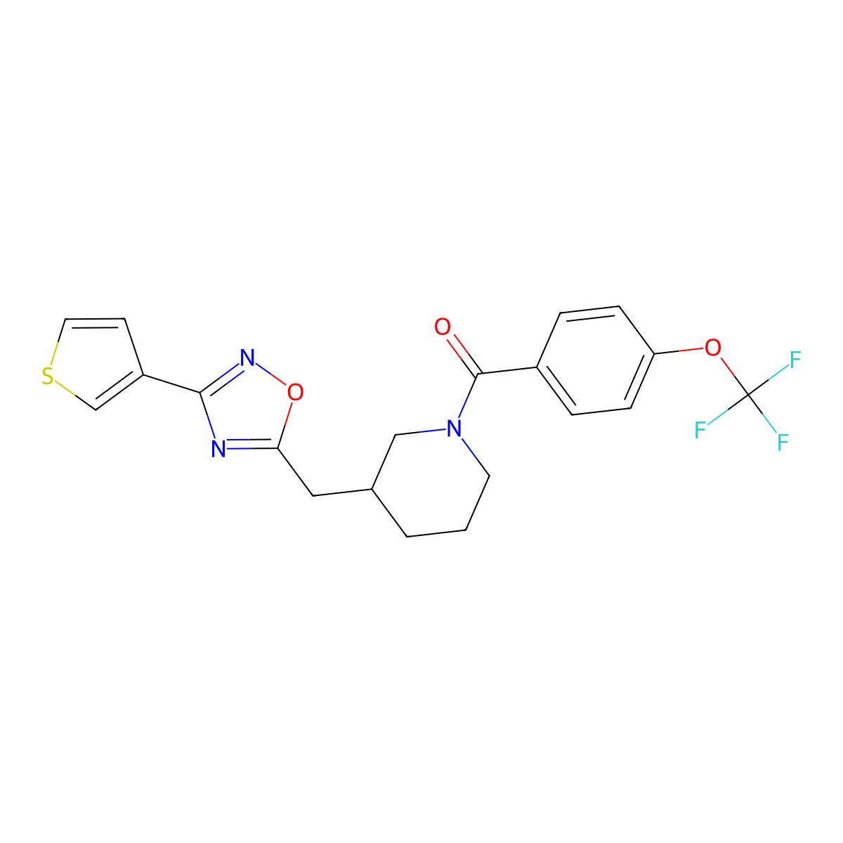 (3-((3-(Thiophen-3-yl)-1,2,4-oxadiazol-5-yl)methyl)piperidin-1-yl)(4-(trifluoromethoxy)phenyl)methanone molecular structure, CAS 1798516-55-8