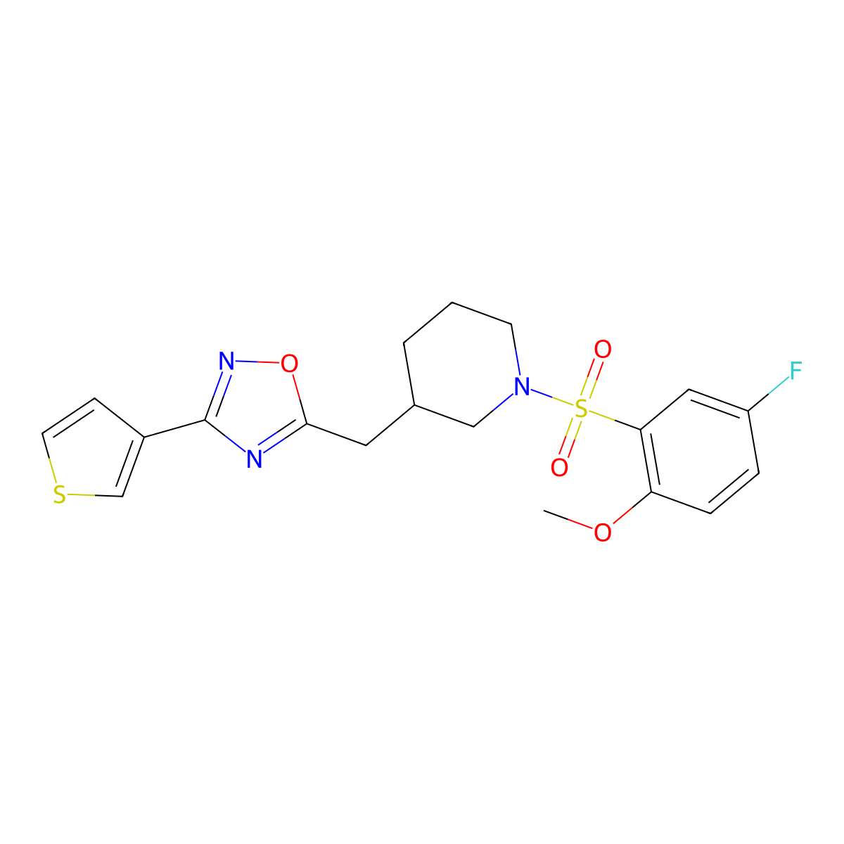 5-((1-((5-Fluoro-2-methoxyphenyl)sulfonyl)piperidin-3-yl)methyl)-3-(thiophen-3-yl)-1,2,4-oxadiazole molecular structure, CAS 1798516-65-0