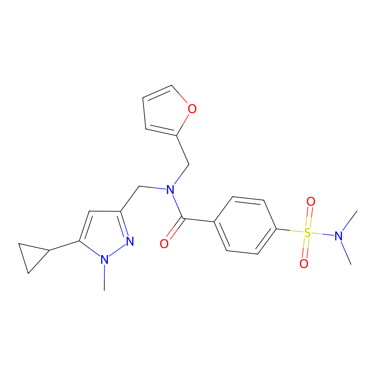 N-((5-cyclopropyl-1-methyl-1H-pyrazol-3-yl)methyl)-4-(N,N-dimethylsulfamoyl)-N-(furan-2-ylmethyl)benzamide molecular structure, CAS 1798516-76-3
