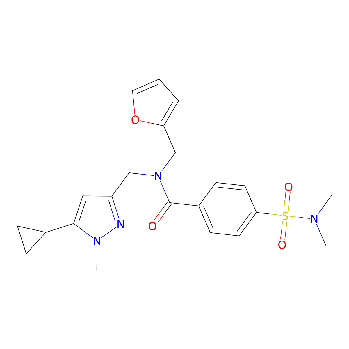 N-((5-cyclopropyl-1-methyl-1H-pyrazol-3-yl)methyl)-4-(N,N-dimethylsulfamoyl)-N-(furan-2-ylmethyl)benzamide molecular structure, CAS 1798516-76-3