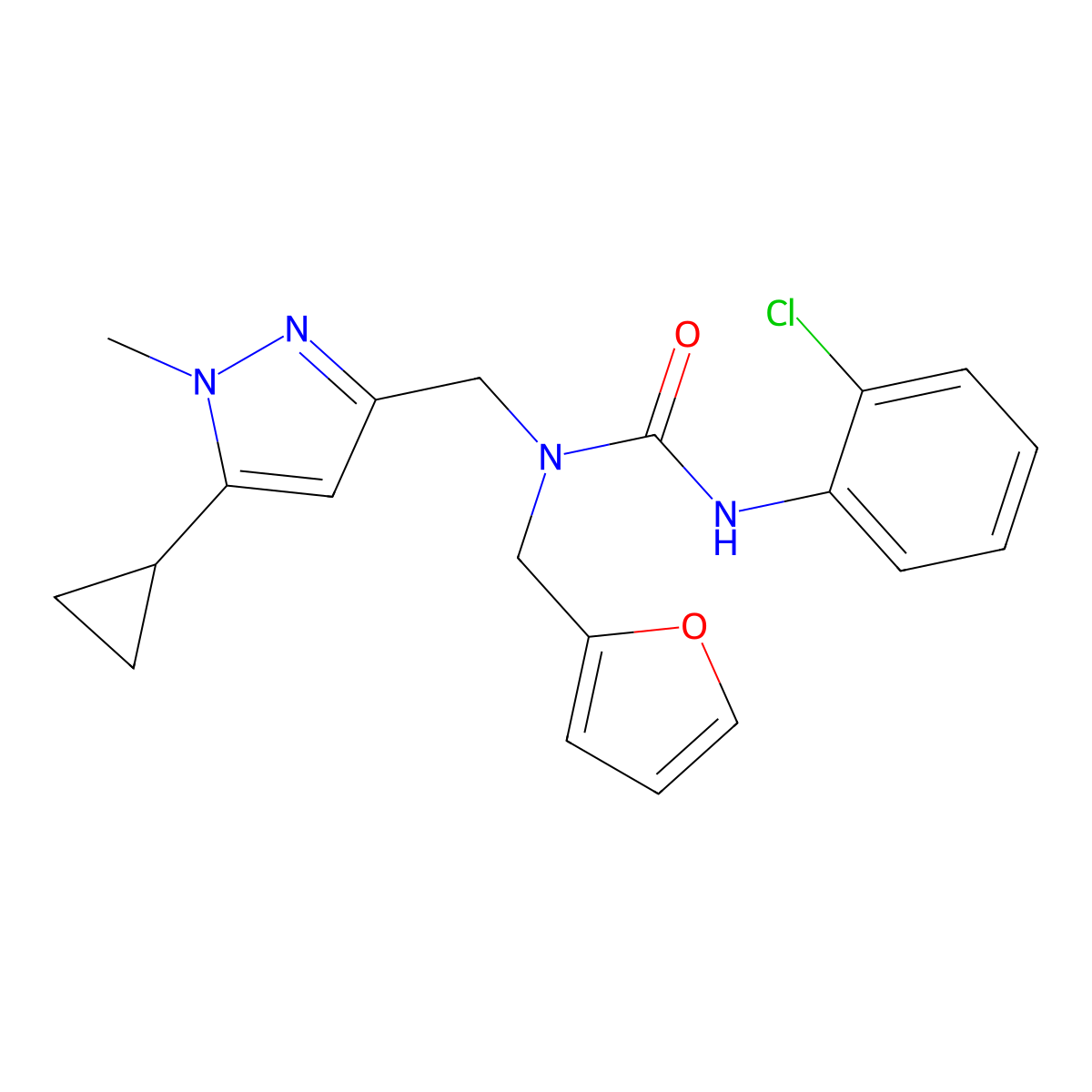 3-(2-chlorophenyl)-1-((5-cyclopropyl-1-methyl-1H-pyrazol-3-yl)methyl)-1-(furan-2-ylmethyl)urea molecular structure, CAS 1798516-86-5