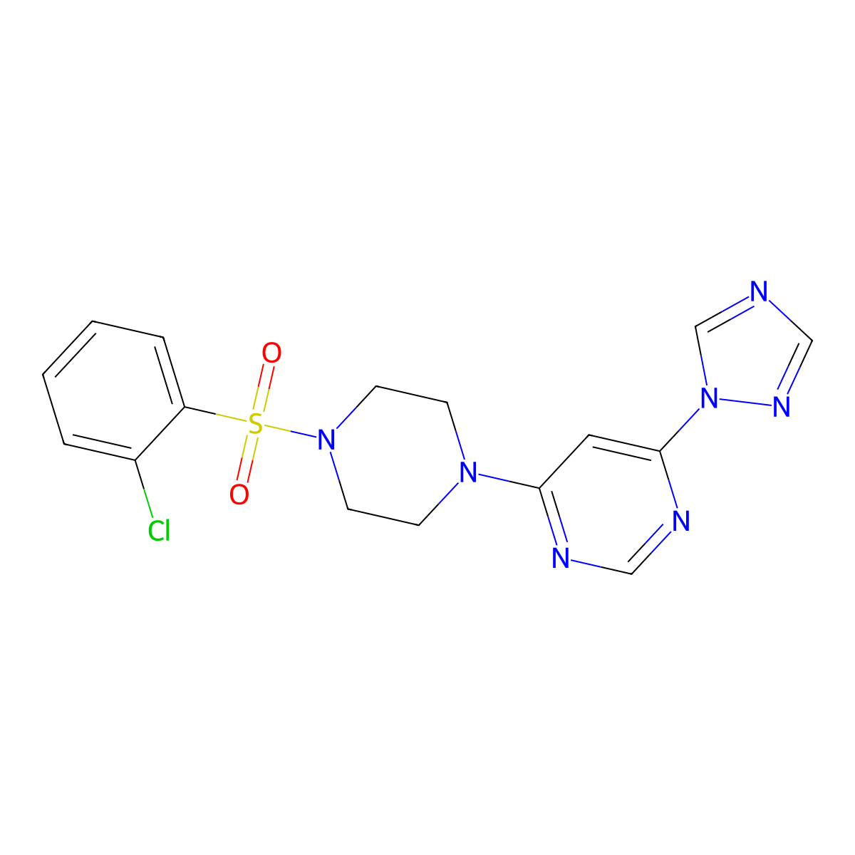 4-(4-((2-chlorophenyl)sulfonyl)piperazin-1-yl)-6-(1H-1,2,4-triazol-1-yl)pyrimidine molecular structure, CAS 1798516-96-7