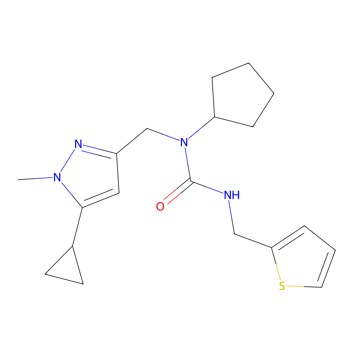 1-cyclopentyl-1-((5-cyclopropyl-1-methyl-1H-pyrazol-3-yl)methyl)-3-(thiophen-2-ylmethyl)urea molecular structure, CAS 1798516-97-8