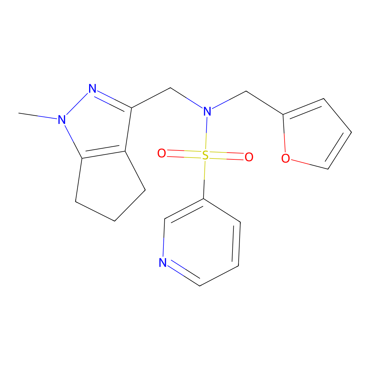 N-(furan-2-ylmethyl)-N-((1-methyl-1,4,5,6-tetrahydrocyclopenta[c]pyrazol-3-yl)methyl)pyridine-3-sulfonamide molecular structure, CAS 1798517-33-5