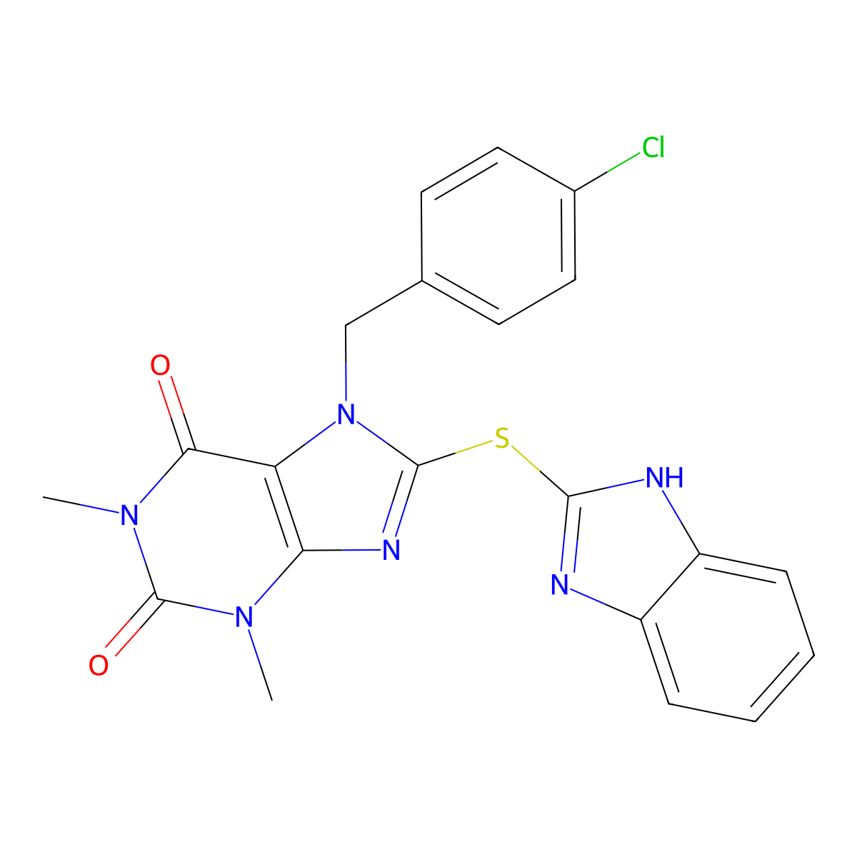 8-(1H-1,3-benzodiazol-2-ylsulfanyl)-7-[(4-chlorophenyl)methyl]-1,3-dimethyl-2,3,6,7-tetrahydro-1H-purine-2,6-dione molecular structure, CAS 1798517-78-8