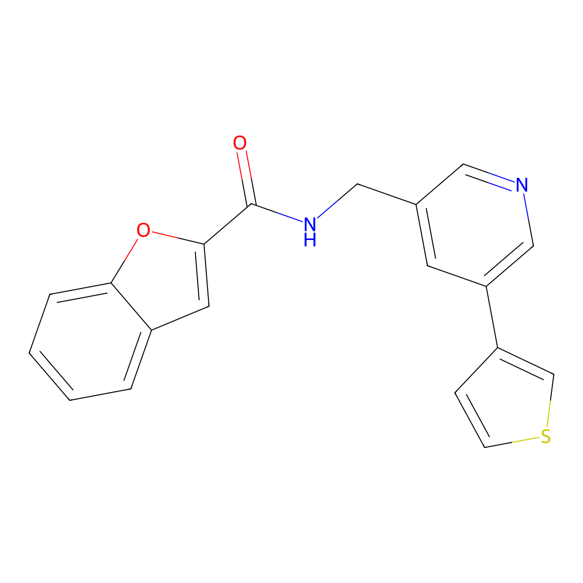 N-((5-(thiophen-3-yl)pyridin-3-yl)methyl)benzofuran-2-carboxamide molecular structure, CAS 1798520-43-0