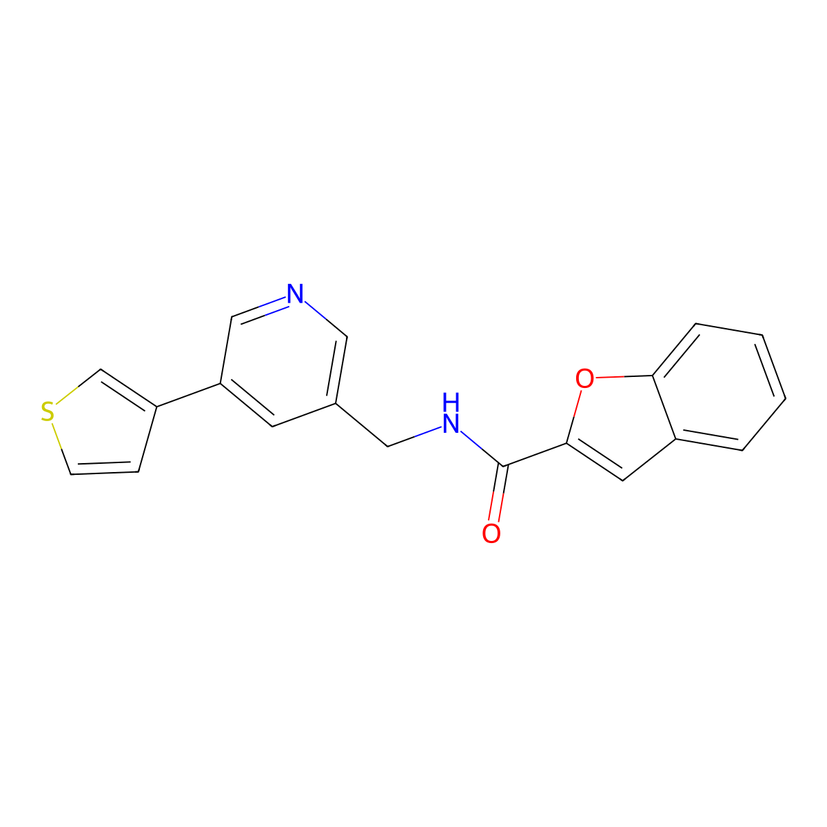 N-((5-(thiophen-3-yl)pyridin-3-yl)methyl)benzofuran-2-carboxamide molecular structure, CAS 1798520-43-0