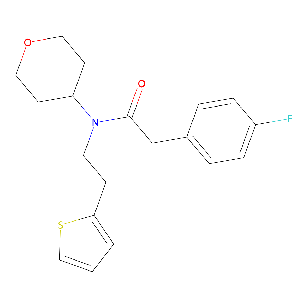 2-(4-fluorophenyl)-N-(tetrahydro-2H-pyran-4-yl)-N-(2-(thiophen-2-yl)ethyl)acetamide molecular structure, CAS 1798521-93-3