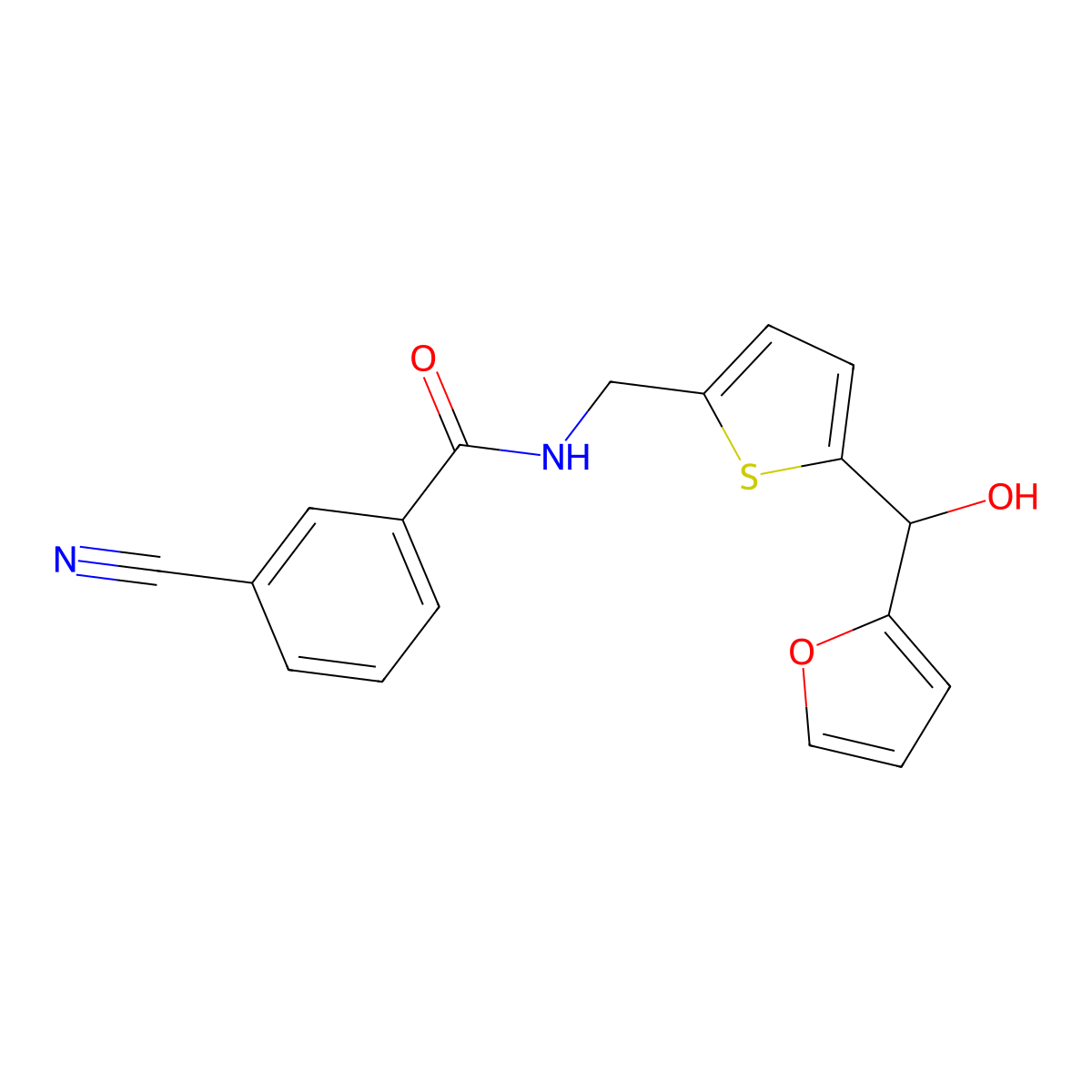 3-cyano-N-((5-(furan-2-yl(hydroxy)methyl)thiophen-2-yl)methyl)benzamide molecular structure, CAS 1798522-44-7