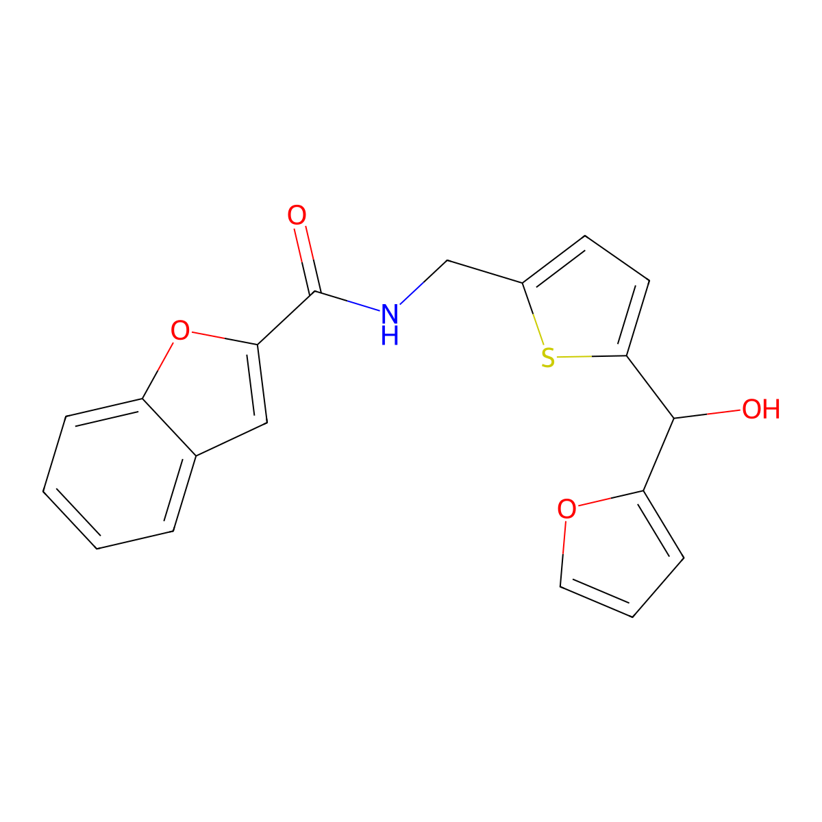 N-((5-(furan-2-yl(hydroxy)methyl)thiophen-2-yl)methyl)benzofuran-2-carboxamide molecular structure, CAS 1798522-51-6