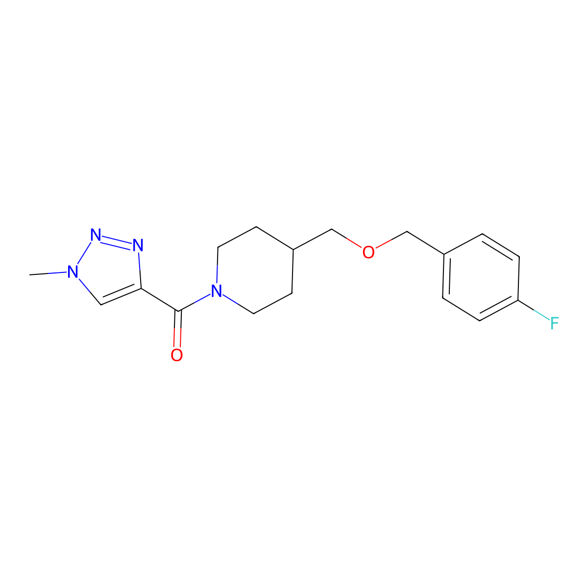 (4-(((4-fluorobenzyl)oxy)methyl)piperidin-1-yl)(1-methyl-1H-1,2,3-triazol-4-yl)methanone molecular structure, CAS 1798523-09-7