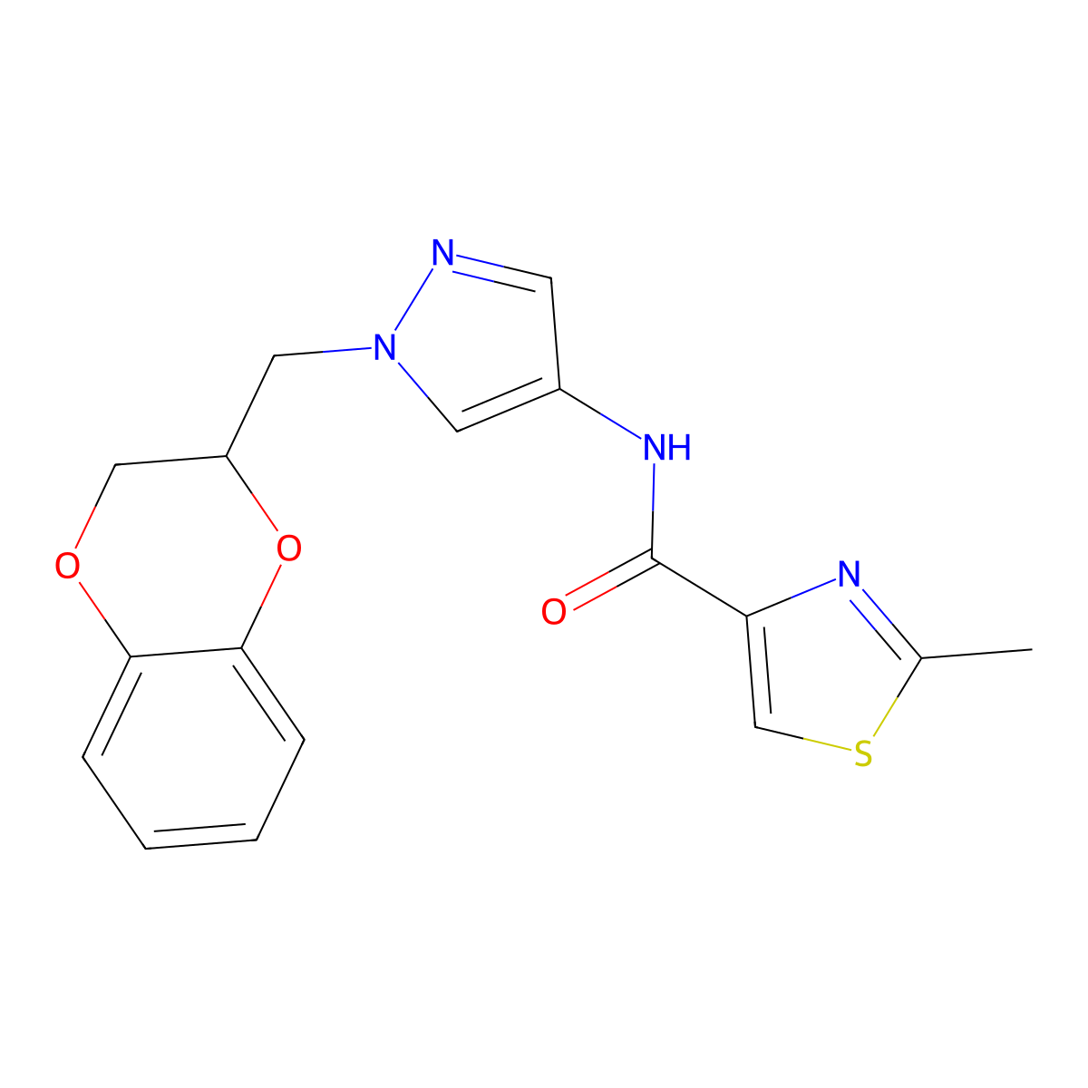 N-(1-((2,3-dihydrobenzo[b][1,4]dioxin-2-yl)methyl)-1H-pyrazol-4-yl)-2-methylthiazole-4-carboxamide molecular structure, CAS 1798525-02-6