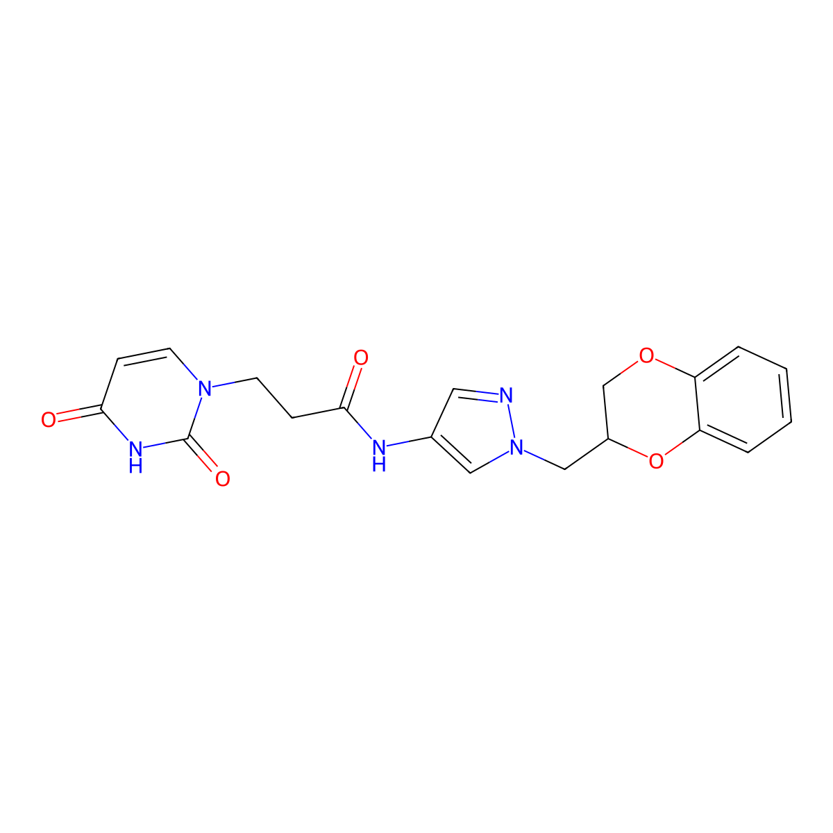N-(1-((2,3-dihydrobenzo[b][1,4]dioxin-2-yl)methyl)-1H-pyrazol-4-yl)-3-(2,4-dioxo-3,4-dihydropyrimidin-1(2H)-yl)propanamide molecular structure, CAS 1798525-05-9
