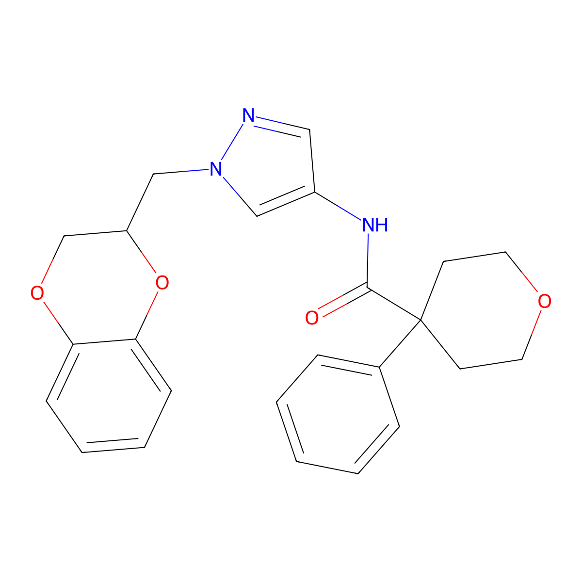 N-{1-[(2,3-dihydro-1,4-benzodioxin-2-yl)methyl]-1H-pyrazol-4-yl}-4-phenyloxane-4-carboxamide molecular structure, CAS 1798525-09-3
