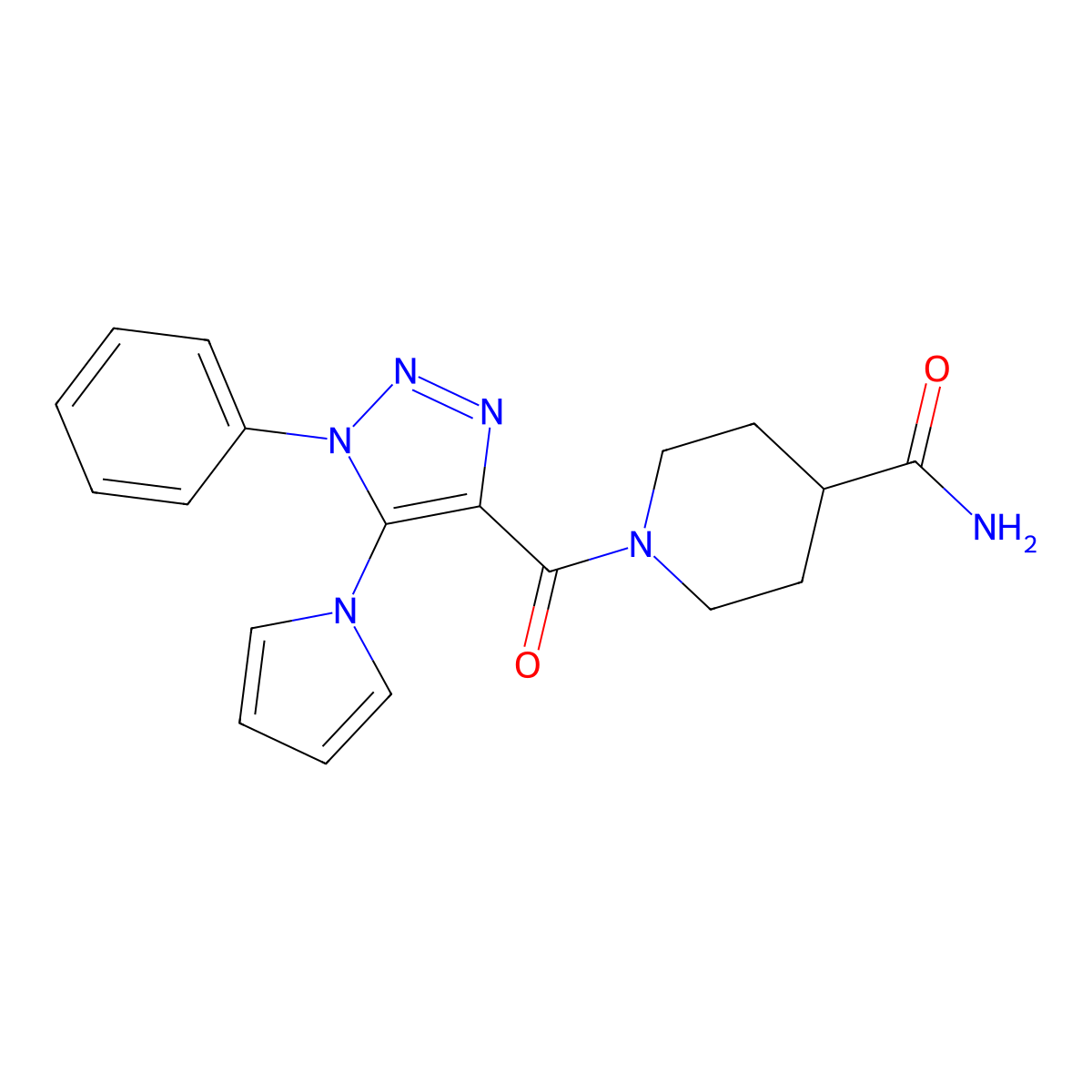 1-[1-phenyl-5-(1H-pyrrol-1-yl)-1H-1,2,3-triazole-4-carbonyl]piperidine-4-carboxamide molecular structure, CAS 1798525-31-1