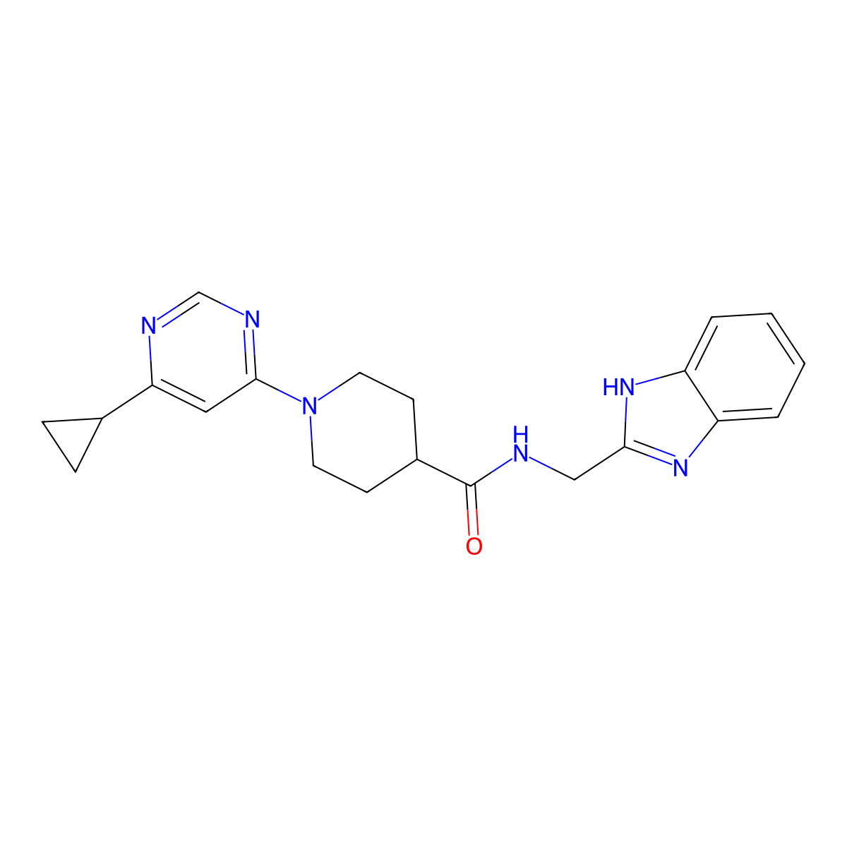 N-((1H-benzo[d]imidazol-2-yl)methyl)-1-(6-cyclopropylpyrimidin-4-yl)piperidine-4-carboxamide molecular structure, CAS 1798525-36-6