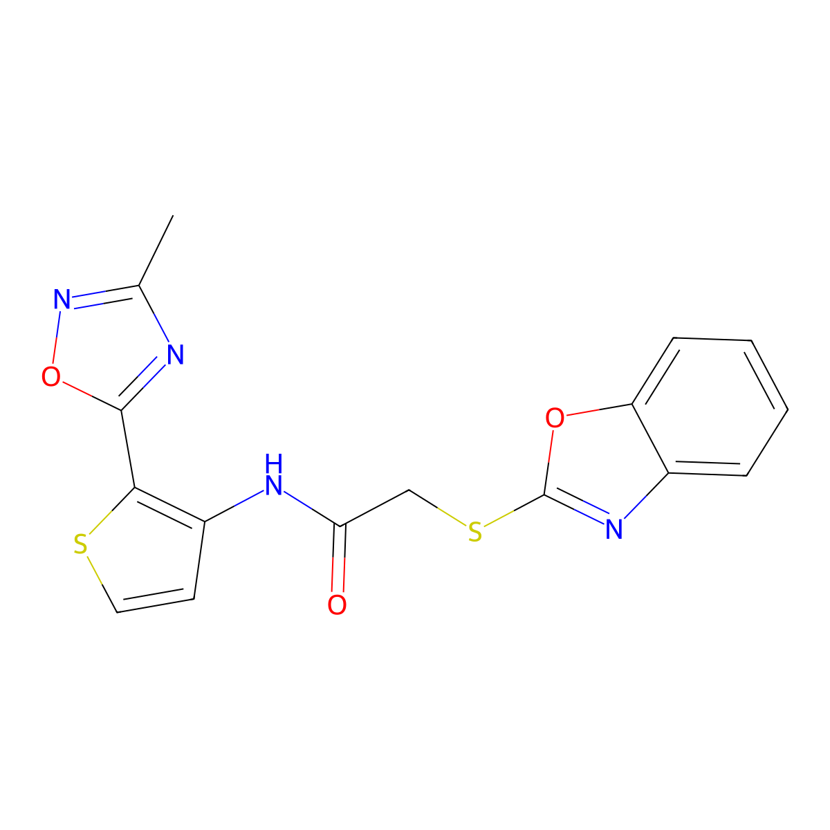 2-(benzo[d]oxazol-2-ylthio)-N-(2-(3-methyl-1,2,4-oxadiazol-5-yl)thiophen-3-yl)acetamide molecular structure, CAS 1798525-96-8