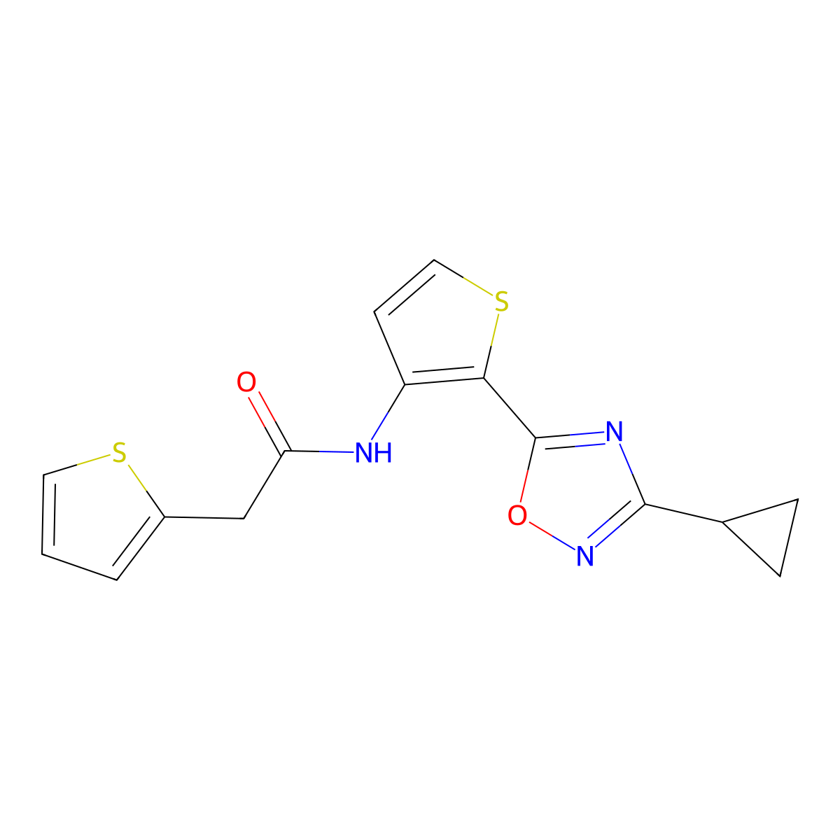N-(2-(3-cyclopropyl-1,2,4-oxadiazol-5-yl)thiophen-3-yl)-2-(thiophen-2-yl)acetamide molecular structure, CAS 1798526-03-0